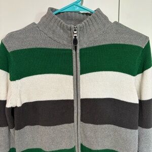 Y2K Vintage Kids Boys Sweater Medium Chunky Knit Full Zip Stripe Green Gray EUC